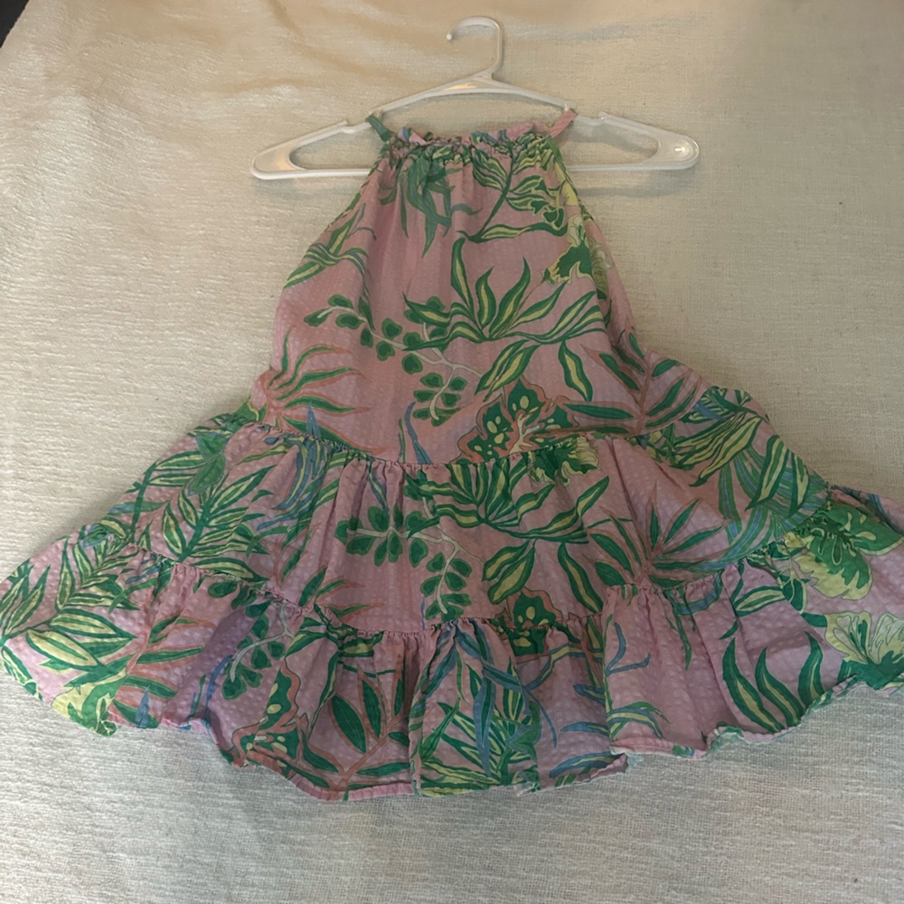 Floral Leaf Print Kids Dress in Pink and Green